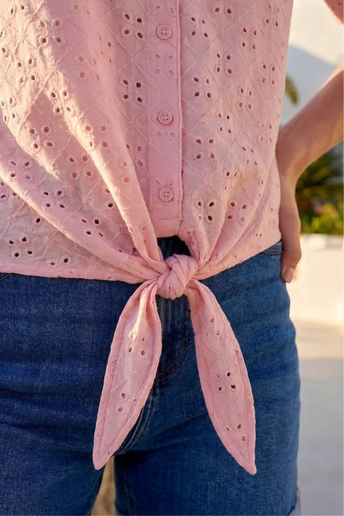 Roman Pink V-Neck Broderie Stretch Jersey Tie Front Top - 18 Image 4