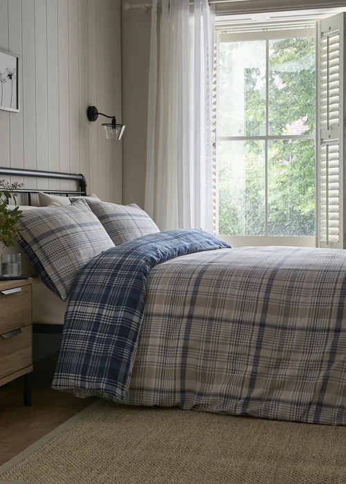 Dreams & Drapes Bennet Check Brushed Navy Duvet Cover Set - Single Image 1