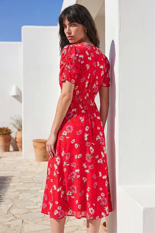 Roman Red Floral Ruched Sleeve Dress - 18 Image 3