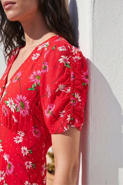 Roman Red Floral Ruched Sleeve Dress - 18 Image 4