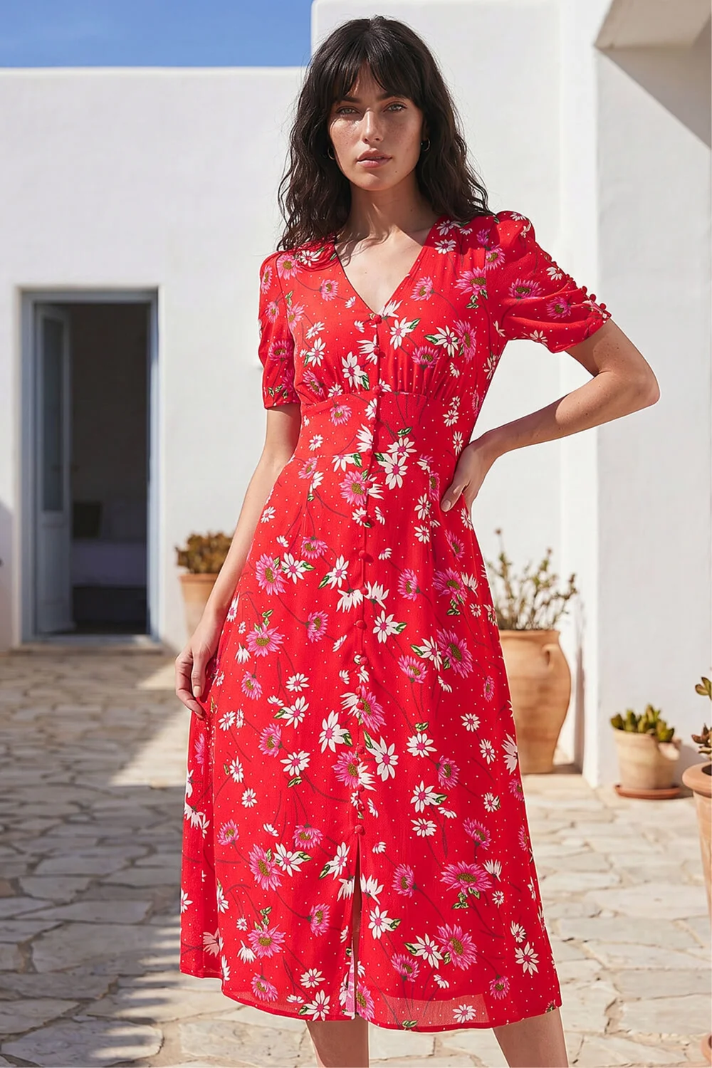 Roman Red Floral Ruched Sleeve Dress - 18 Image 2