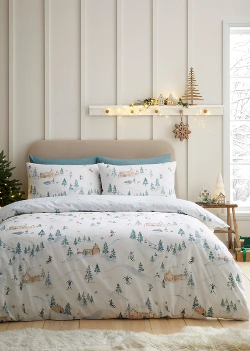 Dreams & Drapes Ski Village Reversible Natural Duvet Cover Set - Single Image 1