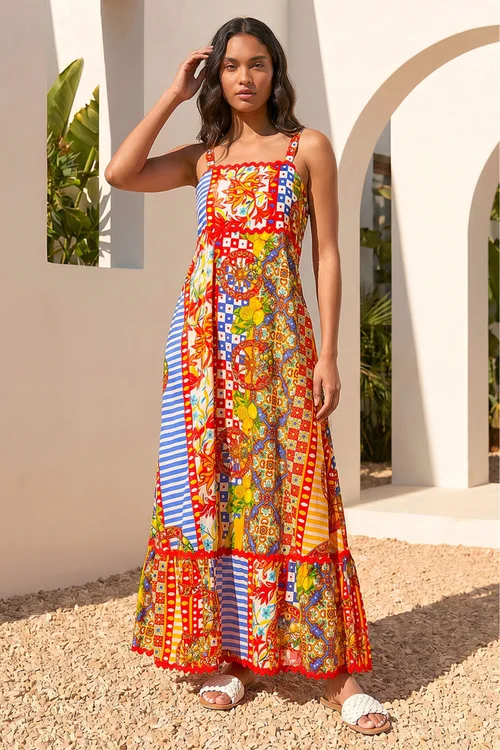 Roman Red Patchwork Ric Rac Maxi Dress - 16 Image 1