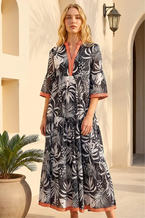 Roman Black Leaf Border Print Maxi Dress - 16 Image 1