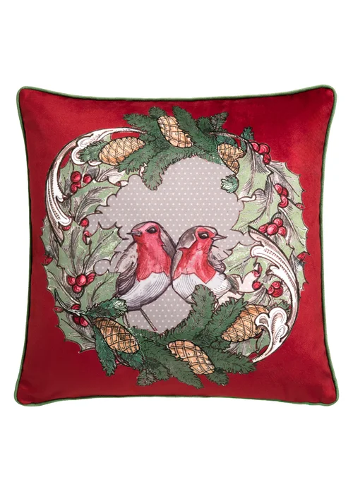 Laurence Llewelyn-Bowen Festive Robin Velvet Red Filled Cushion - 43W X 43D Image 2