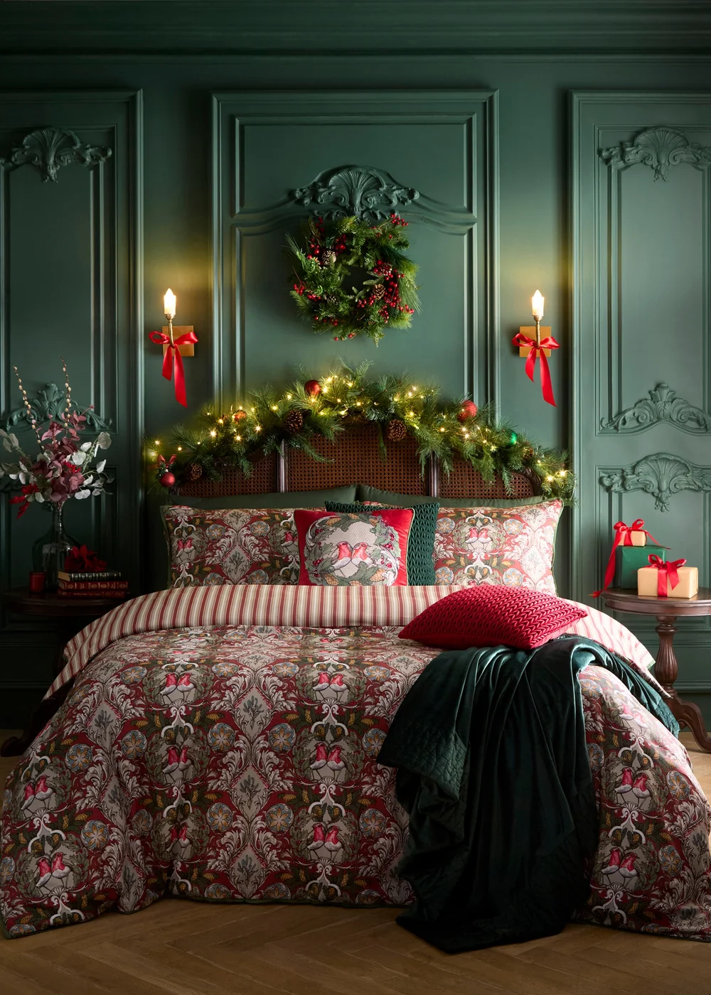 Laurence Llewelyn-Bowen Festive Robin Velvet Red Filled Cushion - 43W X 43D Image 4