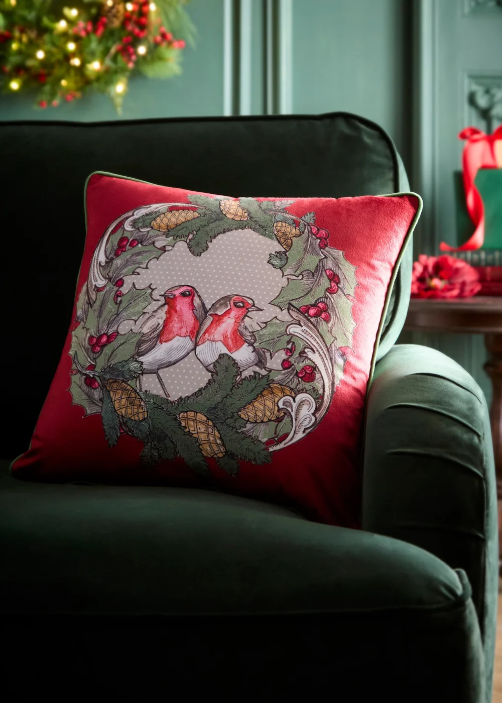 Laurence Llewelyn-Bowen Festive Robin Velvet Red Filled Cushion - 43W X 43D Image 1