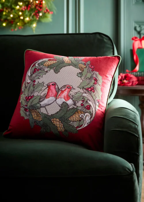 Laurence Llewelyn-Bowen Festive Robin Velvet Red Filled Cushion - 43W X 43D Image 1