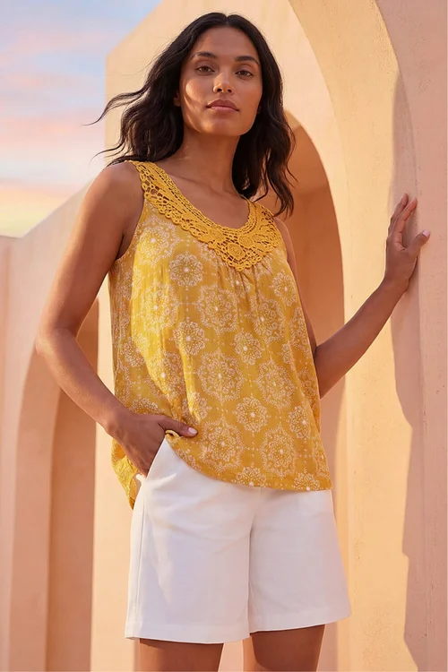 Roman Ochre Printed Crochet Trim Vest Top - 14 Image 2