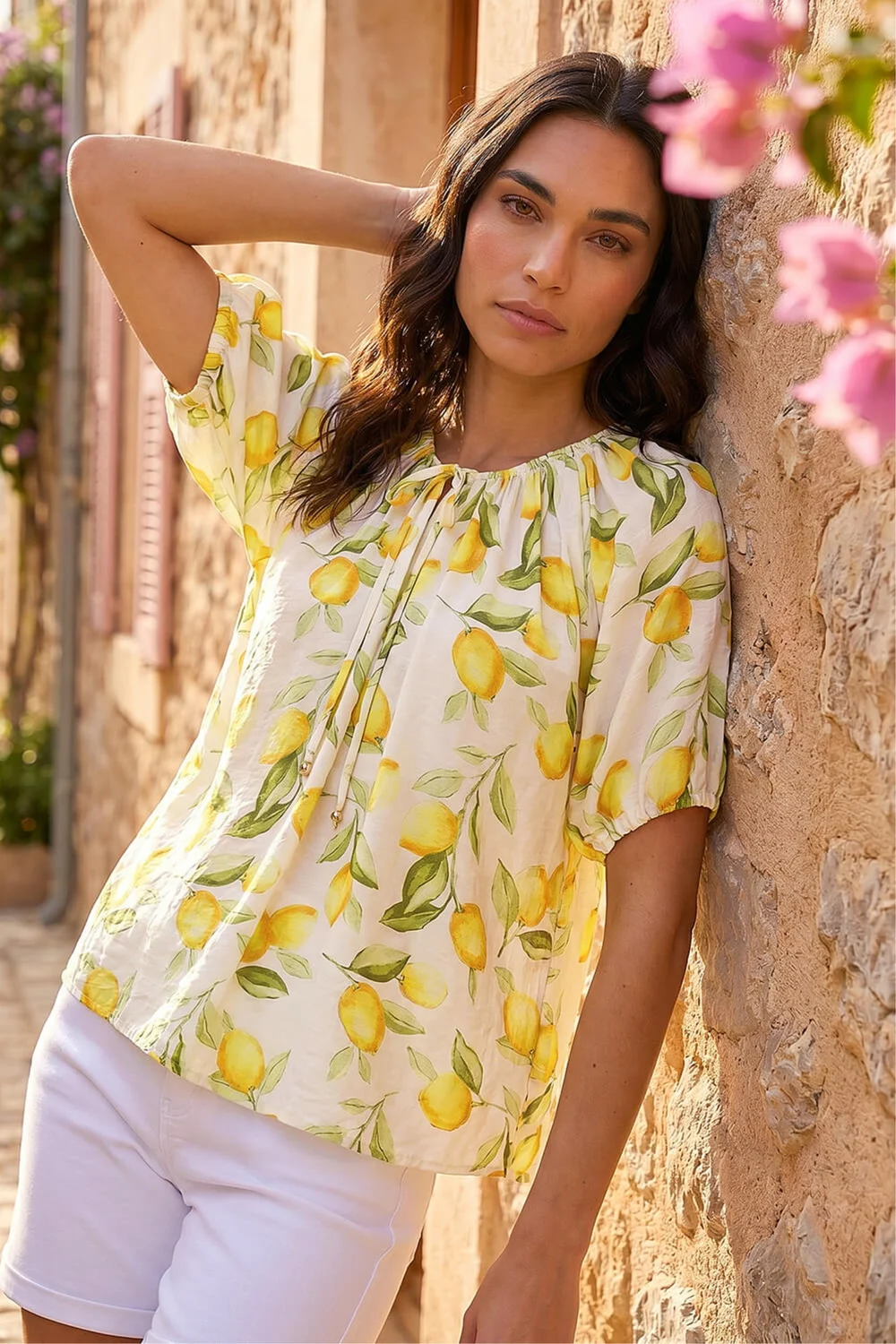 Roman Yellow Lemon Print Tie Front Top - 16 Image 2