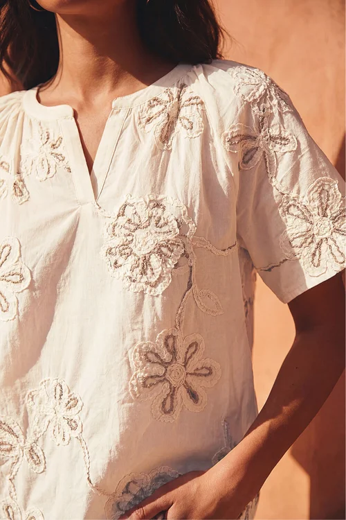 Roman Cream Floral Embroidered Cotton Tunic Top - 18 Image 4