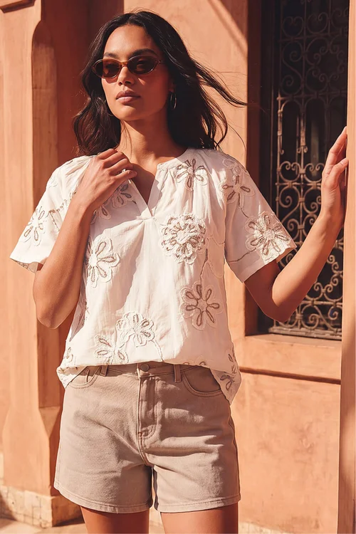 Roman Cream Floral Embroidered Cotton Tunic Top - 18 Image 1