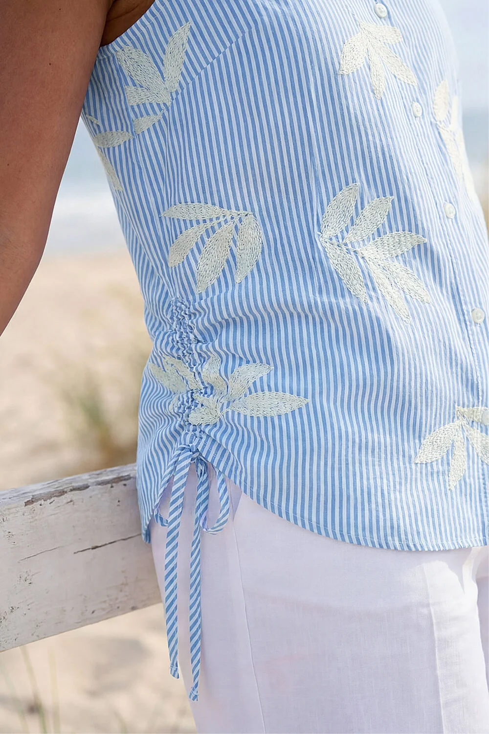 Roman Blue Stripe Leaf Embroidered Button Up Blouse - 10 Image 4