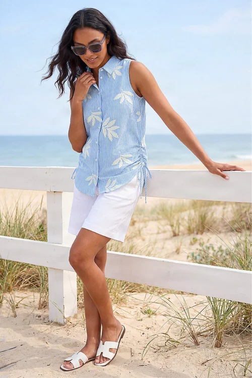 Roman Blue Stripe Leaf Embroidered Button Up Blouse - 10 Image 2