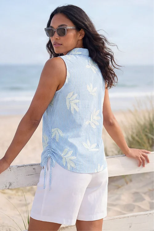 Roman Blue Stripe Leaf Embroidered Button Up Blouse - 10 Image 3