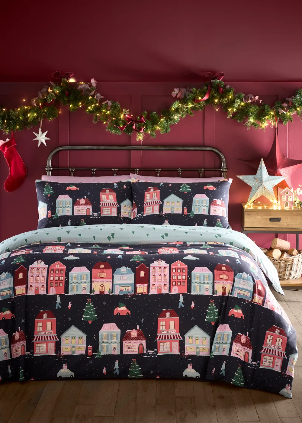 Fusion Christmas Houses Super Soft Navy Duvet Cover Set - Single Image 1