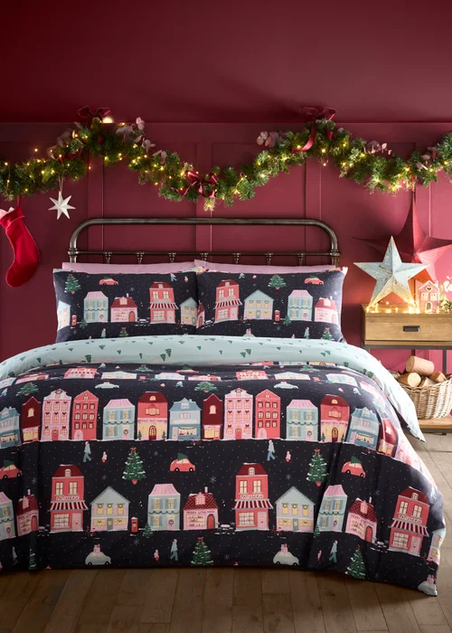 Fusion Christmas Houses Super Soft Navy Duvet Cover Set - Single Image 1