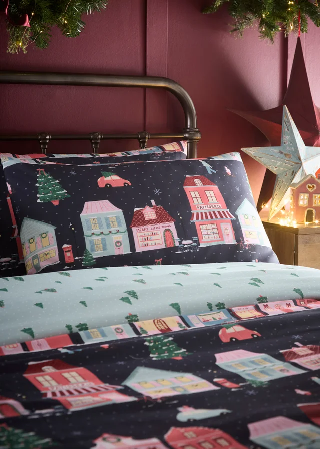 Fusion Christmas Houses Super Soft Navy Duvet Cover Set