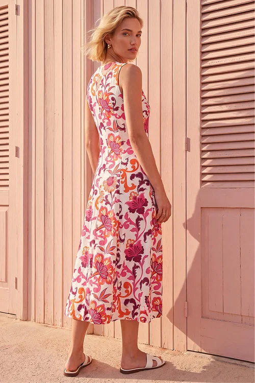 Roman Pink Floral Pleated A-Line Midi Dress - 12 Image 3