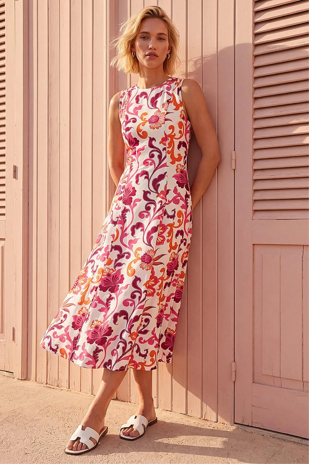 Roman Pink Floral Pleated A-Line Midi Dress - 12 Image 2