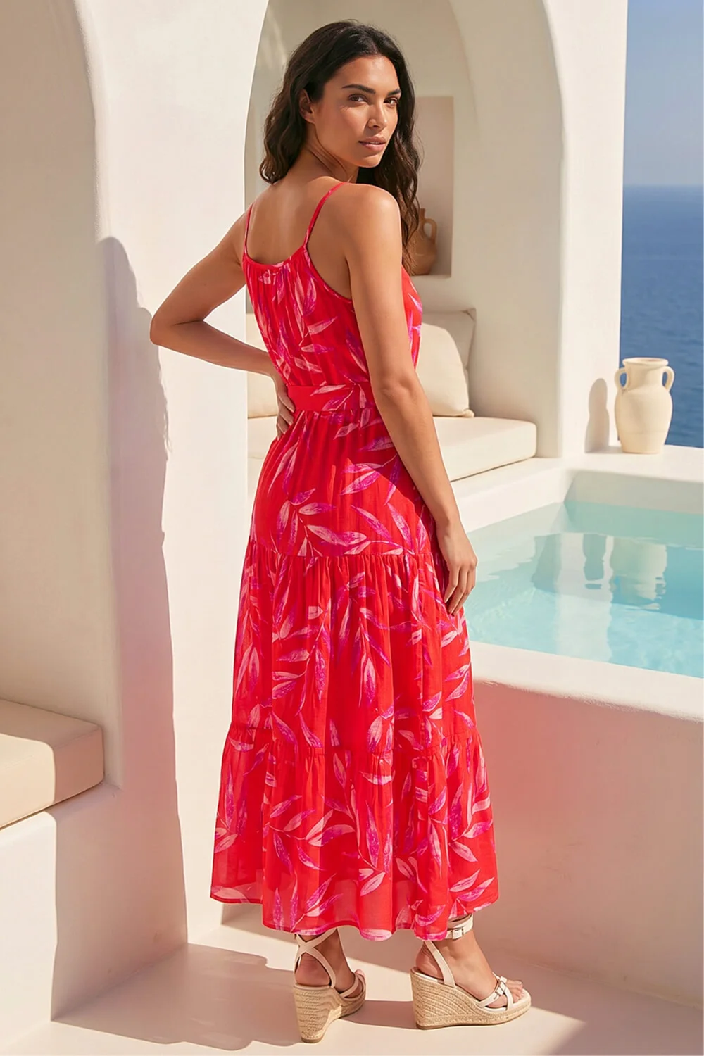 Roman Red Floral Print Belted Strappy Dress - 18 Image 3