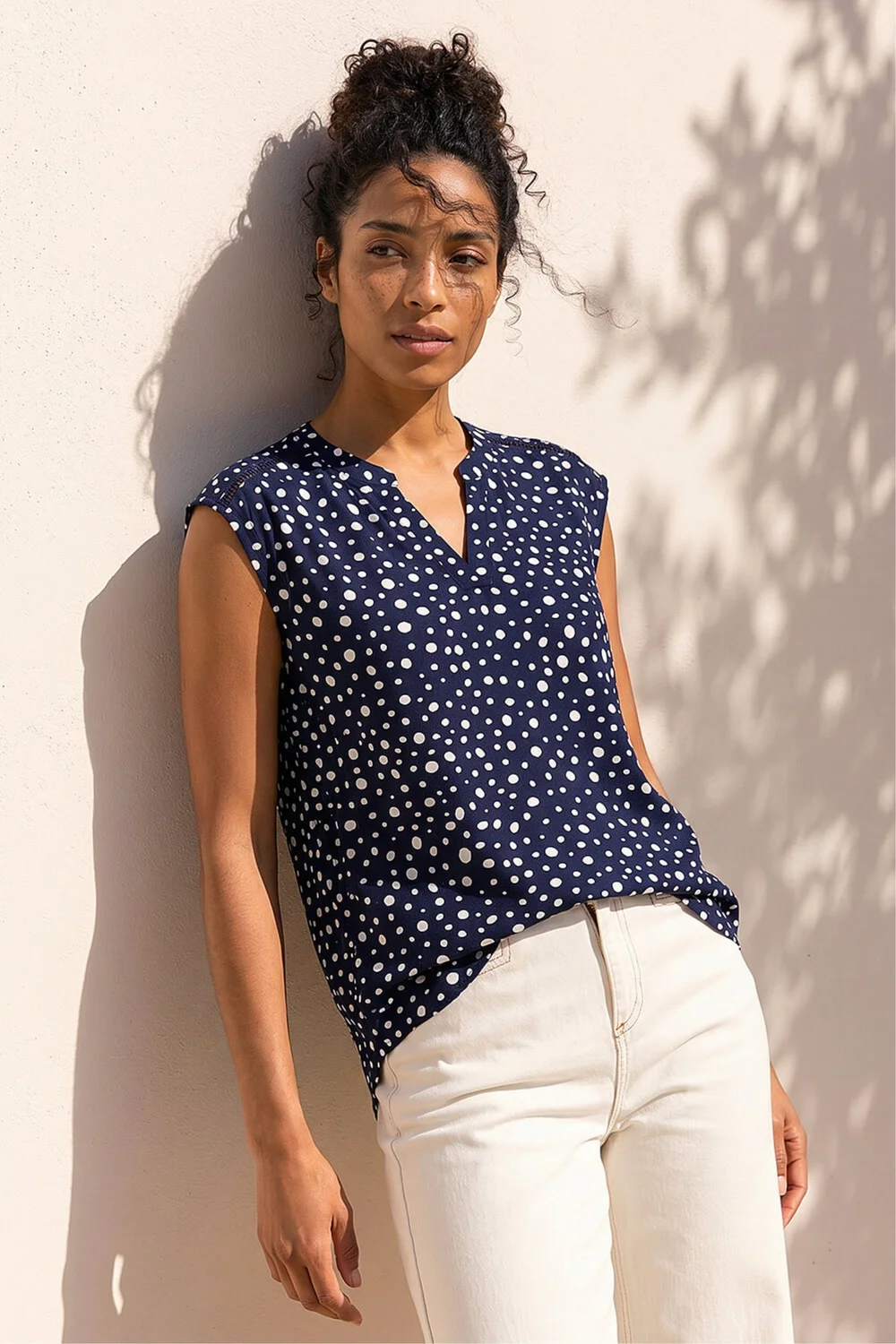 Roman Navy Polka Dot Print Stretch Top - 20 Image 1