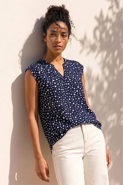 Roman Navy Polka Dot Print Stretch Top - 20 Image 1