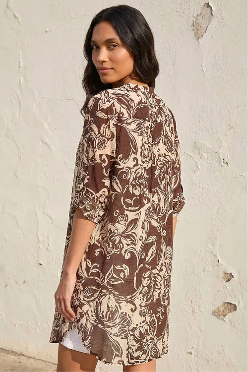 Roman Chocolate Leaf Print Longline Button Blouse - 10 Image 3