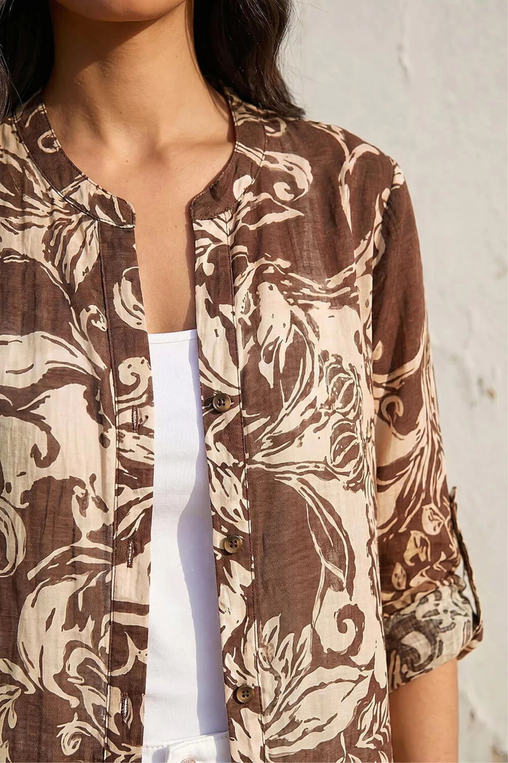Roman Chocolate Leaf Print Longline Button Blouse - 10 Image 4