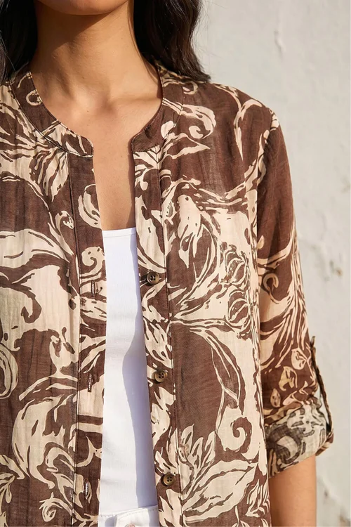 Roman Chocolate Leaf Print Longline Button Blouse - 10 Image 4