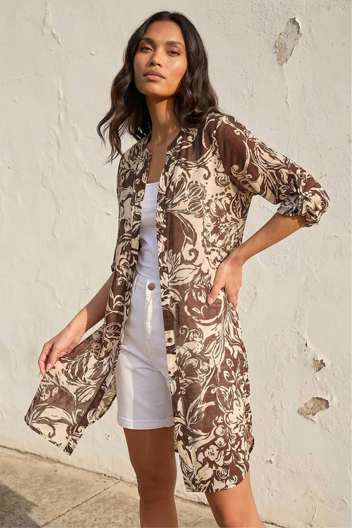 Roman Chocolate Leaf Print Longline Button Blouse - 10 Image 1
