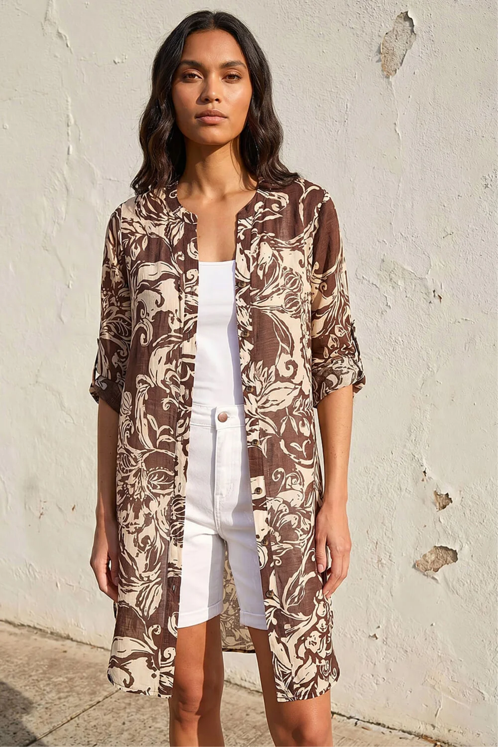 Roman Chocolate Leaf Print Longline Button Blouse - 10 Image 2