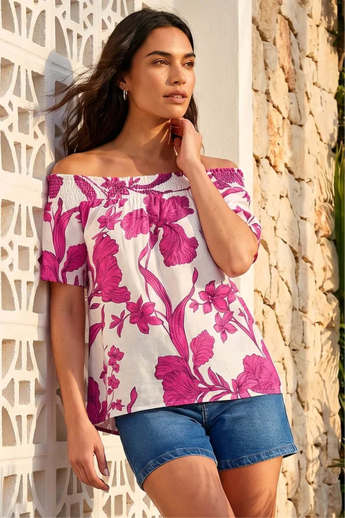 Roman Magenta Floral Print Bardot Top - 18 Image 2
