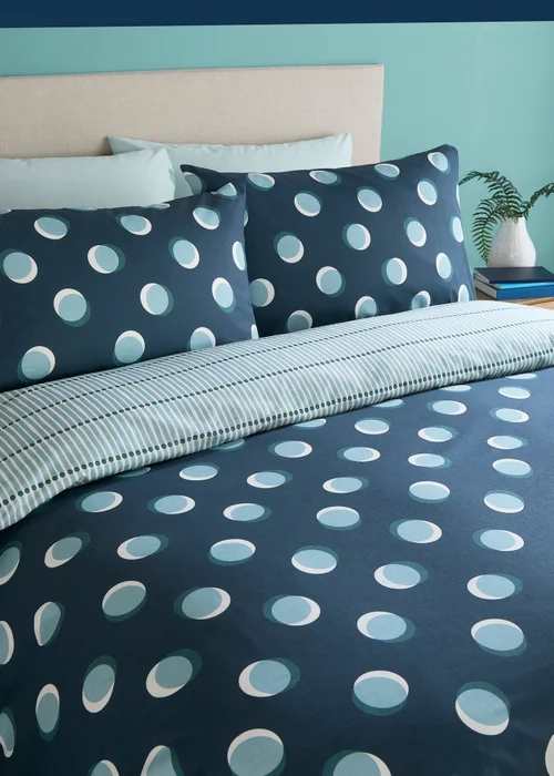Fusion Polka Spot Reversible Blue Duvet Cover Set - Single Image 2