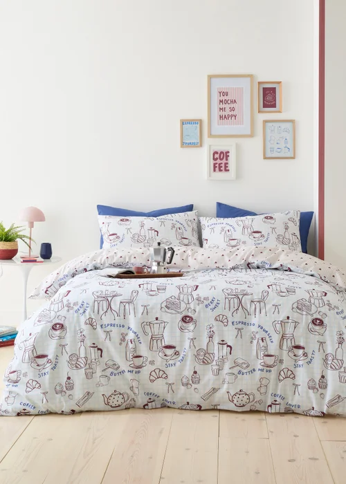 Fusion Coffee Club Super Soft Blue Duvet Cover Set - Single Image 1
