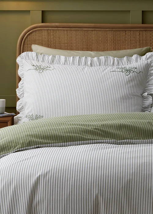 Appletree Frilled Embroidered Bow Stripe Reversible Green Duvet Cover Set - Double Image 2