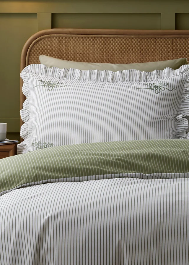 Appletree Frilled Embroidered Bow Stripe Reversible Green Duvet Cover Set