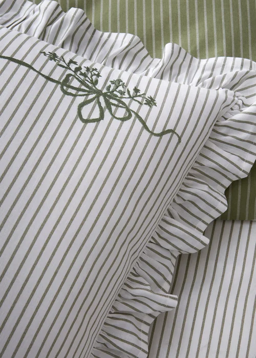 Appletree Frilled Embroidered Bow Stripe Reversible Green Duvet Cover Set - Double Image 3