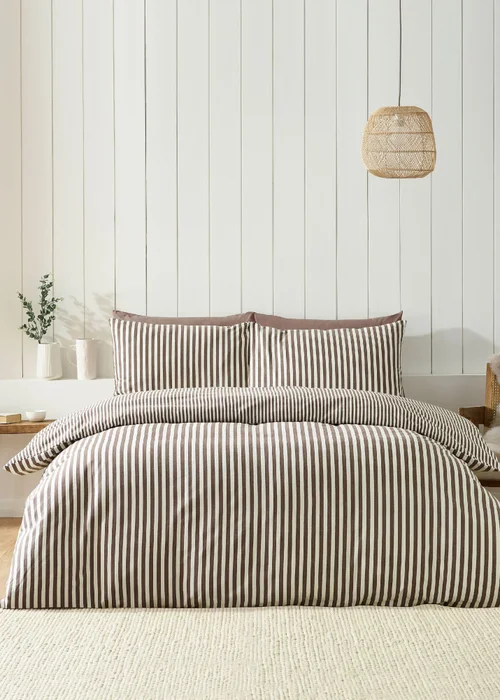 Catherine Lansfield Brushed Stripe Cotton Reversible Duvet Cover Set Chocolate - Single Image 1
