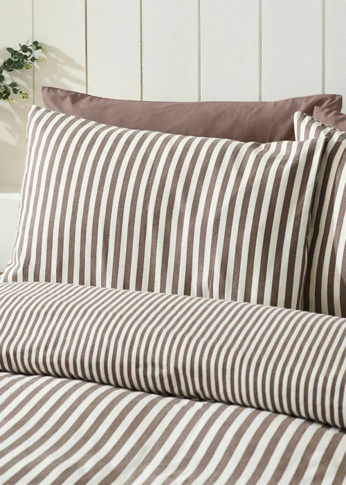 Catherine Lansfield Brushed Stripe Cotton Reversible Duvet Cover Set Chocolate - Single Image 3