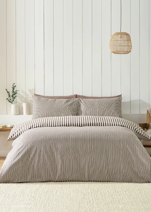 Catherine Lansfield Brushed Stripe Cotton Reversible Duvet Cover Set Chocolate - Single Image 2