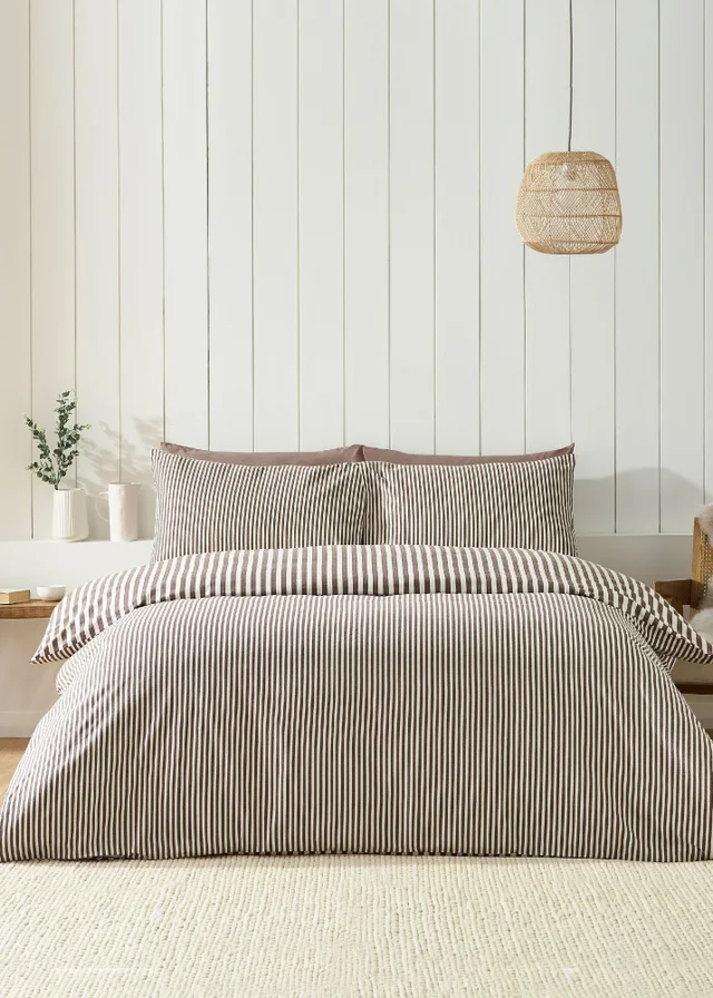 Catherine Lansfield Brushed Stripe Cotton Reversible Duvet Cover Set Chocolate