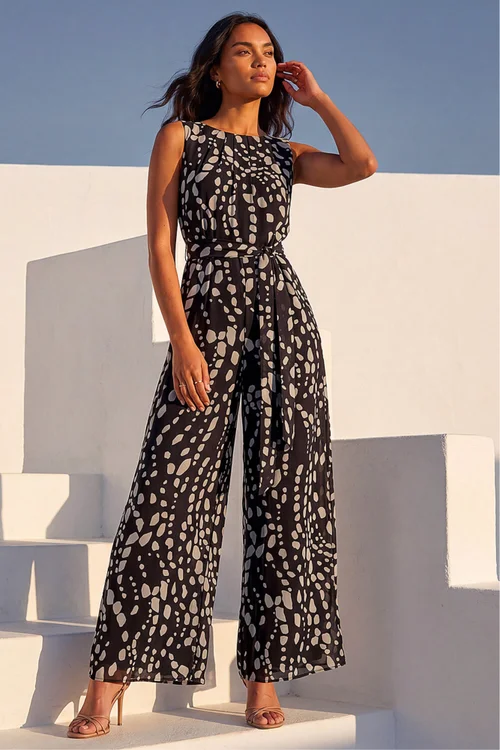 Roman Black Animal Print Pleat Neck Jumpsuit - 16 Image 1