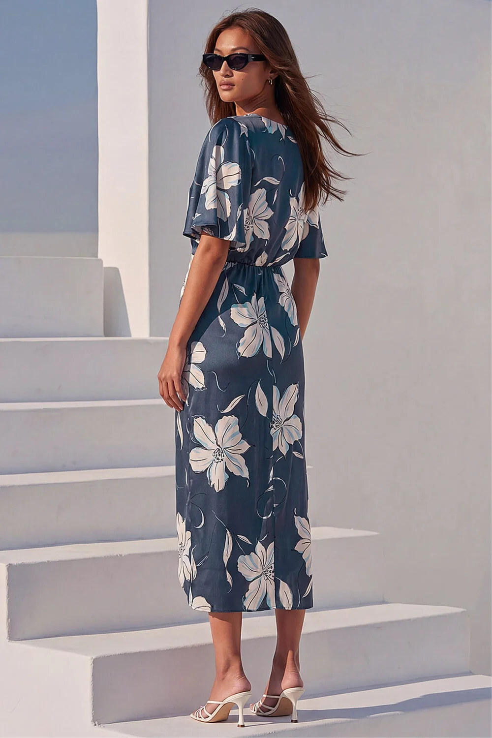 Roman Navy Floral Print Wrap Twist Dress - 18 Image 3