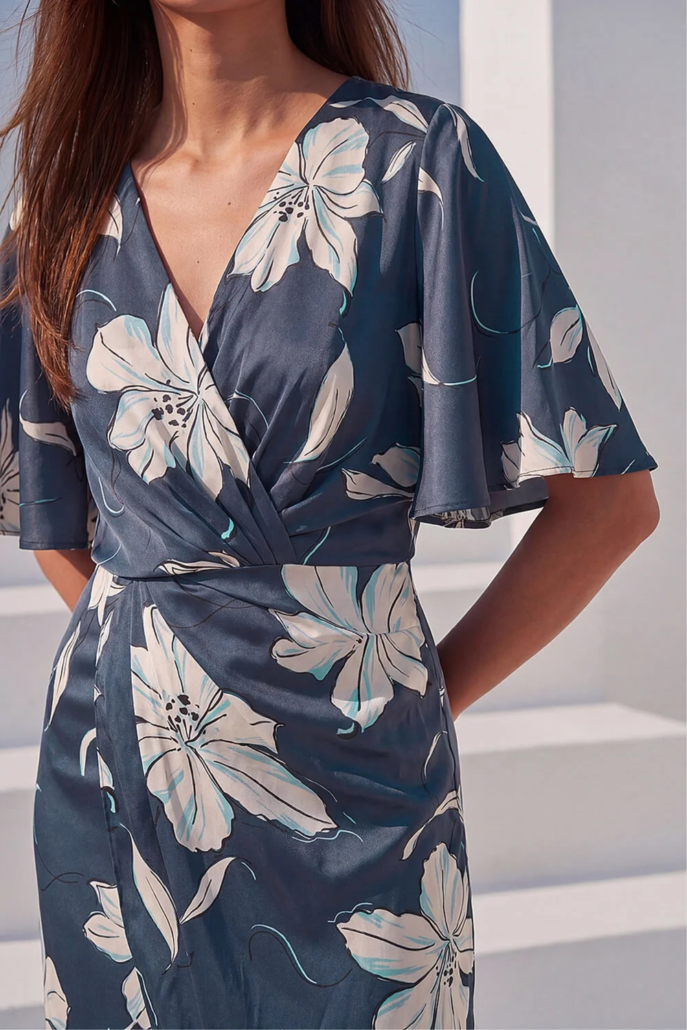 Roman Navy Floral Print Wrap Twist Dress - 18 Image 4