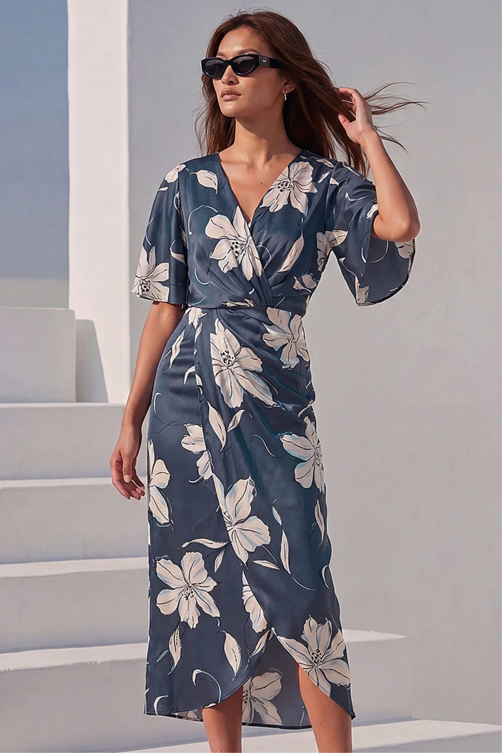 Roman Navy Floral Print Wrap Twist Dress - 18 Image 1