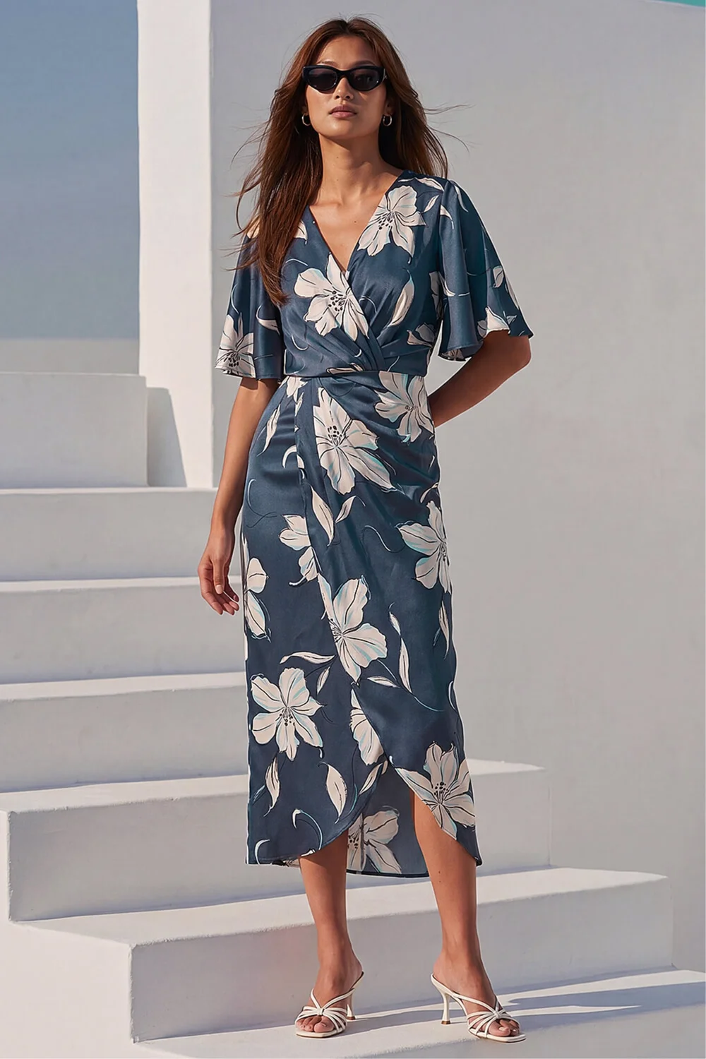 Roman Navy Floral Print Wrap Twist Dress - 18 Image 2