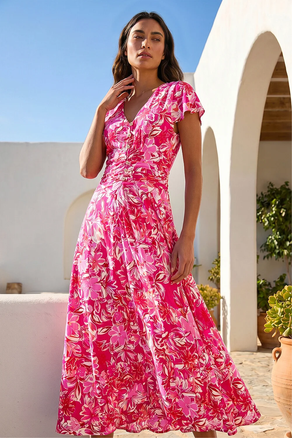 Roman Pink Floral Ruched Waist Midi Dress - 14 Image 1