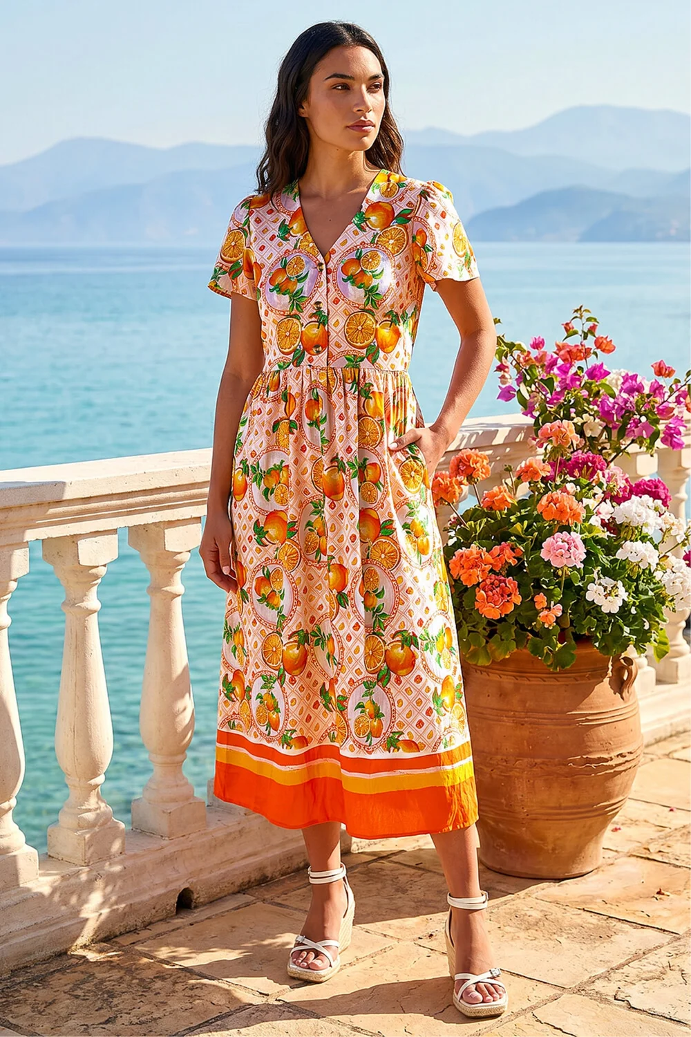 Roman Orange Fruit Print V-Neck Midi Dress - 12 Image 3