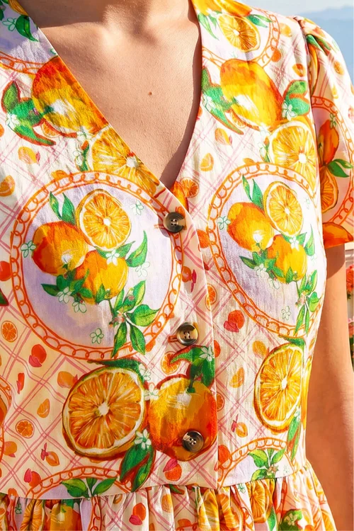 Roman Orange Fruit Print V-Neck Midi Dress - 12 Image 4